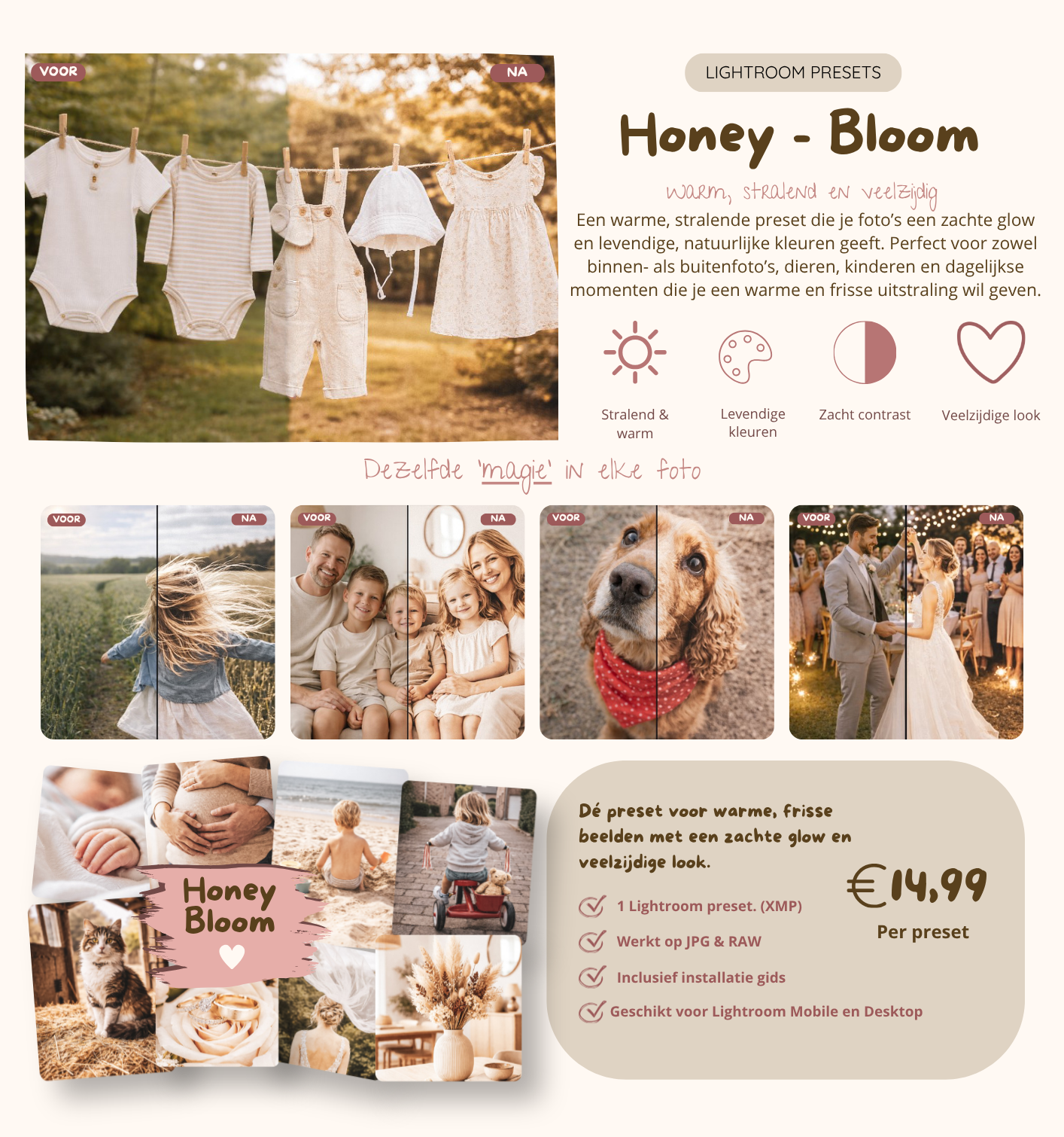 Honey Bloom Lightroom preset — voor en na voorbeeld